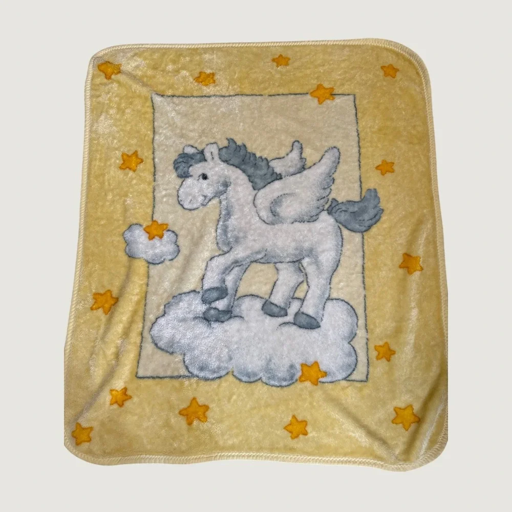 Vintage Style Pegasus Star Clouds Yellow Plush Fleece Baby Blanket 41x49